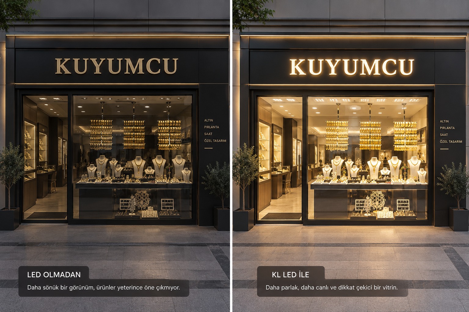 KL LED ile kuyumcu vitrini: LED olmadan ve KL LED ile karşılaştırma